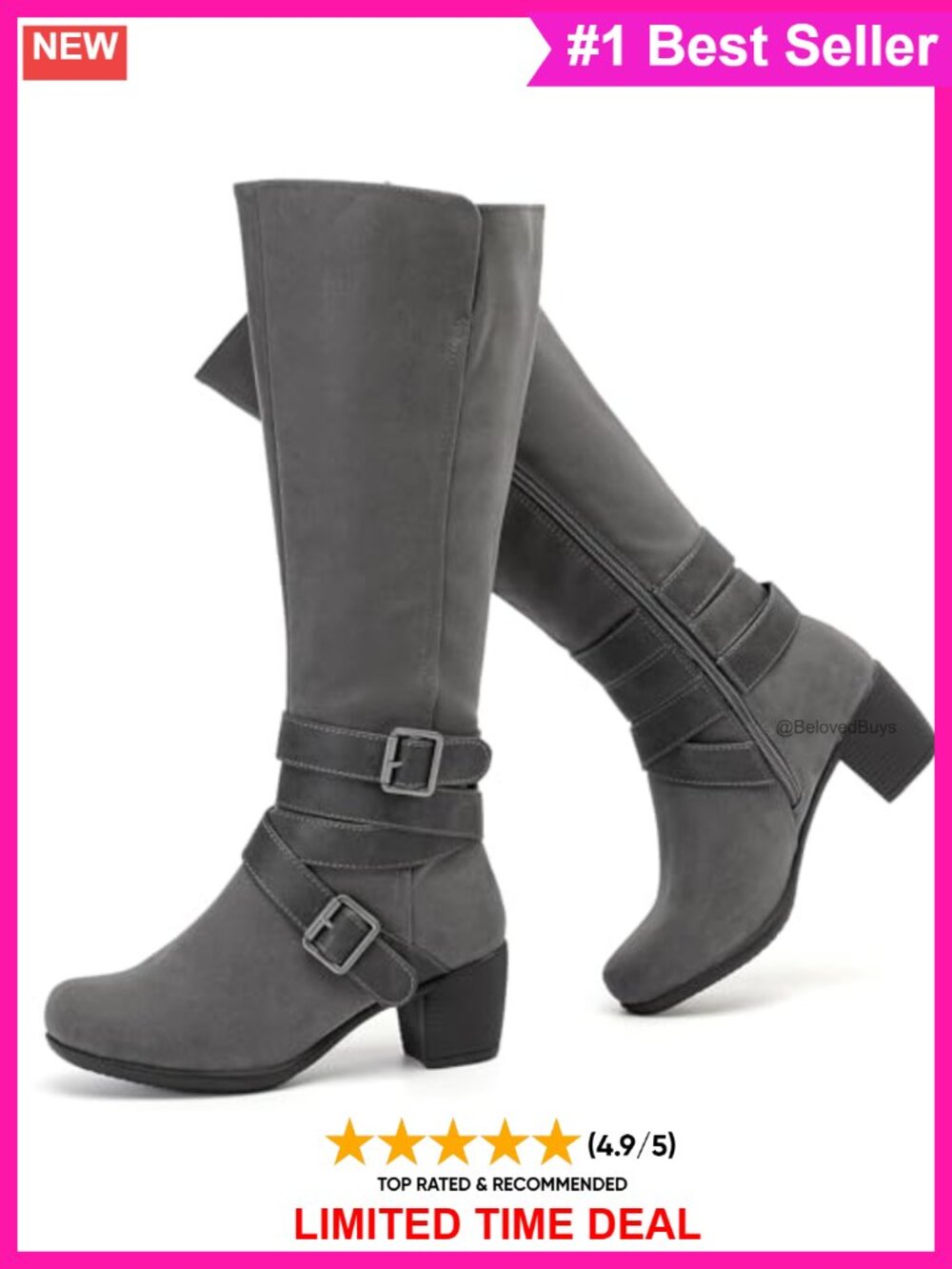 Faux Leather Knee High Heeled Boots Pointed Toe Side Zip Block Heel